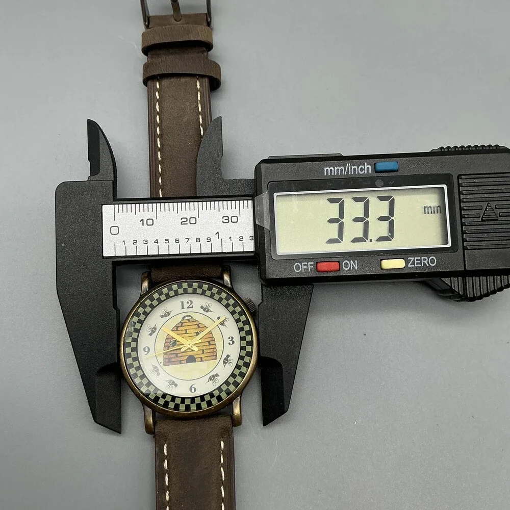 Womens Watch 33mm Beehive Bees Dial Gold Tone Brown Leather New Battery